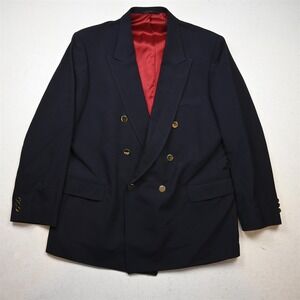 Vtg USA Double Breasted 46R Navy Blue Wool Gold Button Blazer Jacket Sport Coat
